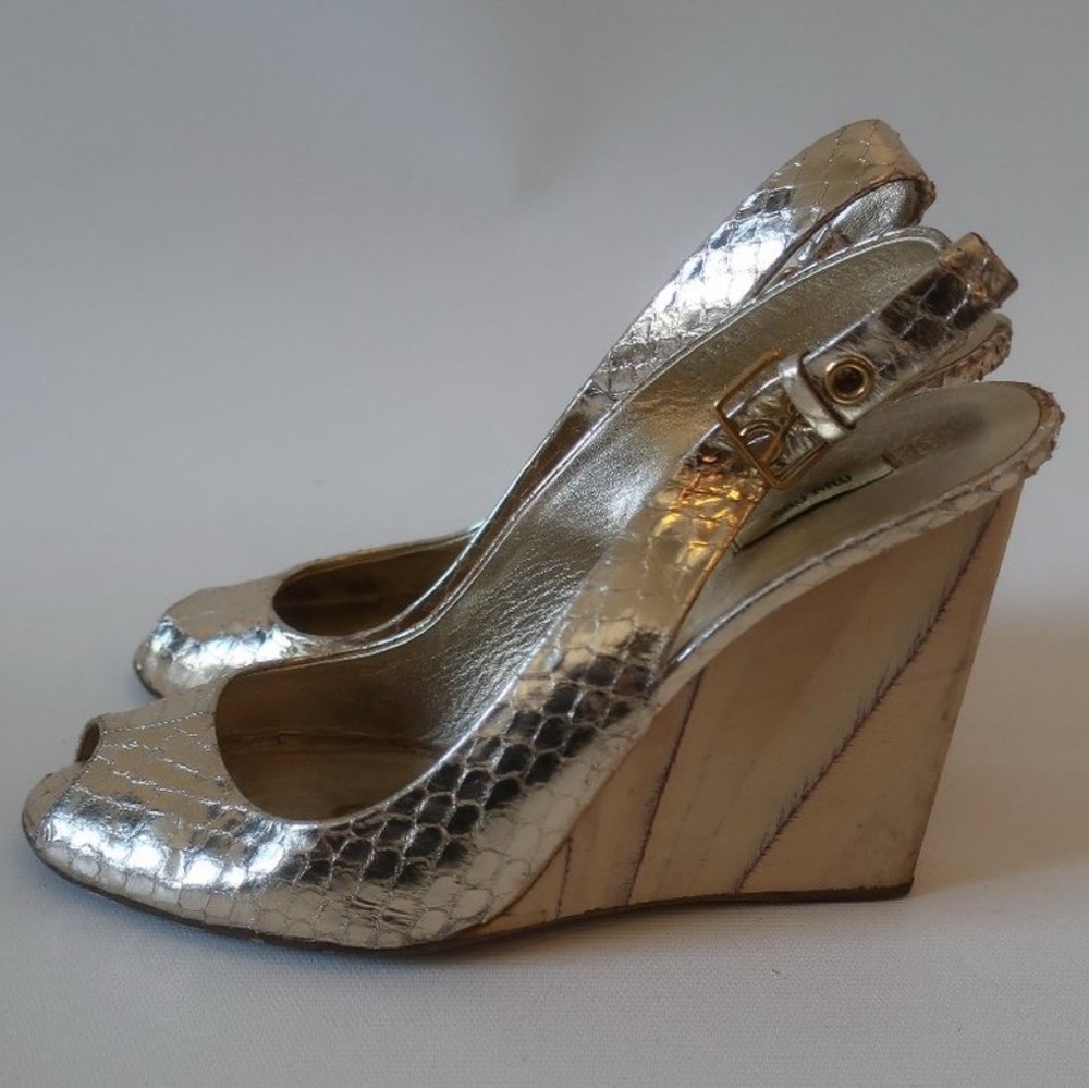 Miu Miu Metallic Peep-Toe Funky Wedge Heels 38